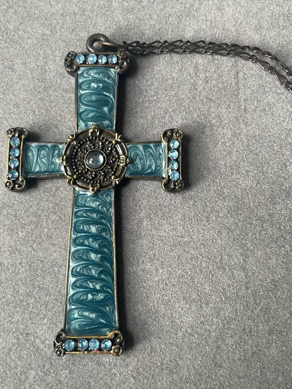 Blue Enamel Cross Pendant Necklace with Crystal Accents